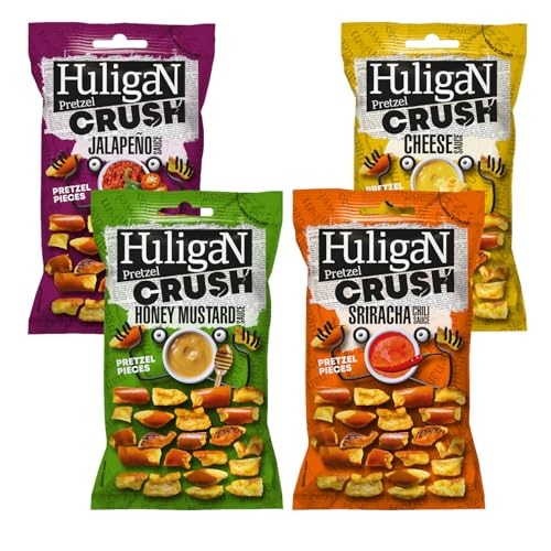 Huligan Pretzels Pieces Multipack Crisps 65g x Pack of 4 - Baked Pretzel Thins Savoury Snacks Bulk Healthy Vegetarian Snack Box Honey Mustard Sriracha Sauce Cheese Jalepenos Crisps Multipack