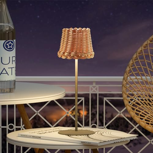RWWR Lámpara de Mesa LED de Ratán Inalámbrica 3 Colores Regulable Control Táctil Lámpara de Mesa LED Recargable de Exterior USB IP54 para Mesa de Comedor Jardín Balcón Terraza