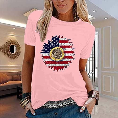 Camiseta feminina com bandeira americana 4 de julho, blusa casual independente com estampa de girass