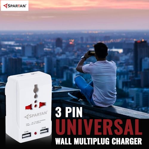 Image of Spartan 3 Pin All Multiplug Charger /Travel Adapter, 10A Power Sockets / 2Pin & 3Pin Socket Adapter with Dual USB Charging Port (White, Pack of 1)