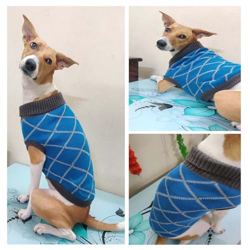 Image of Lulala Dog Sweater, Knitted Turtleneck Cold Weather Dog Sweater for Small Small Dogs, Soft Diamond Plaid Pullover Knitwear Dog Winter Warm Clothes, Pet Coat Puppy Sweater (Sky Blue, 14 Inch)