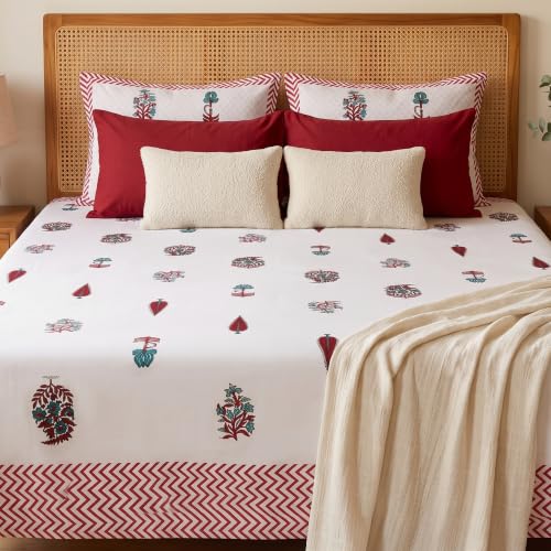 Image of Naksh Bedsheet for Double Bed King Size Floral Print 2 Pillow Covers | Royal Crimson Botanical Bedsheet | Soft Breathable Heritage Floral Bedding Set | Royal Sajawat Collection |