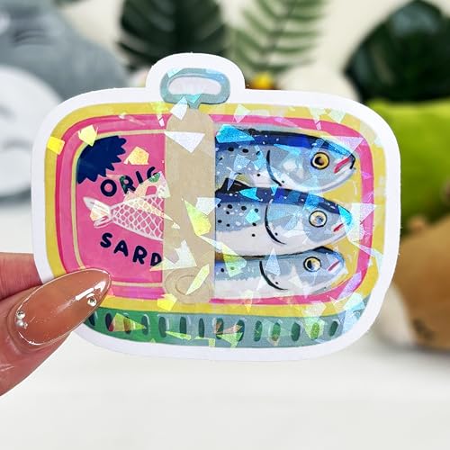 Image of 3 Pcs Kawaii Style Sardines Sticker, in Can Fish Sticker, Dark Humor Funny Bumper Die-Cut Vinyl Sticker 3 Inches for Water Bottles Laptop Phone Car Ski Helmet (Hologram, 3 inch)