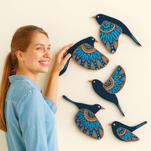 Image of DAKSHESTRY ARTWORKS Boho Birds Wall Decor | Set of 5 MDF Glossy Finish Wall Hangings Bird Decor | Modern Ethnic Design for Living Room, Bedroom & Office | Easy to Stick with Double-Sided Tape