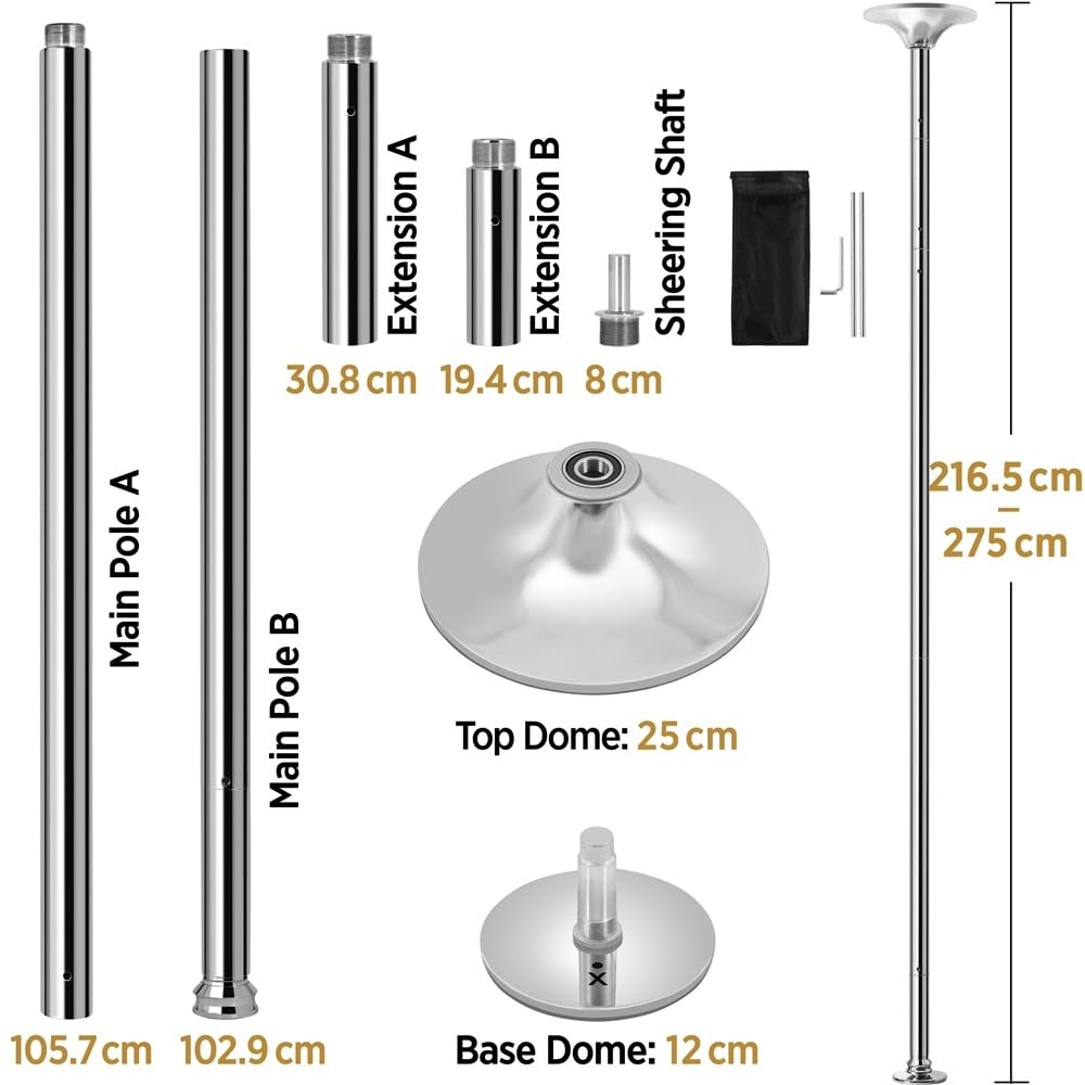 Yaheetech Barre de Pole Dance Réglable 216,5-275cm Charge 227kg Argent | Sans Fixation Plafond, Statique/Rotative, Acier Anti-Rouille Ø 45 mm, Adapté Débutants et Pros, pour Fitness, Spectacle et En