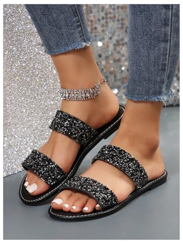 Verdusa Women's PU Leather Rhinestone Slippers Two Strap Open Toe Slip on Flat Sandals3