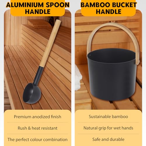 Saunakübel Set, 7L Aluminium Sauna Eimer mit Sanduhr, Saunaschale, Saunakelle, Thermo & Hygrometer, Sauna Zubehör Set Aufgusseimer Set für Badezimmer und Hotelbadewanne