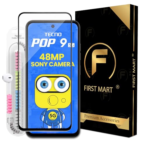 Image of FIRST MART Military-Grade Gorilla Tempered Glass for Tecno Pop 9 with Edge to Edge Full Screen Coverage, Cable Protector and Easy Installation kit