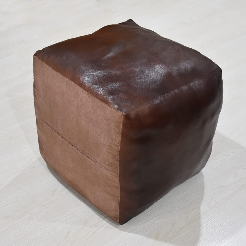 Handmade Eco-Friendly Solid Leather Pouf Brown Color Square 18" x 18" x 18" Goat Leather Pouf for Living Room, Bedroom Seating, Patio