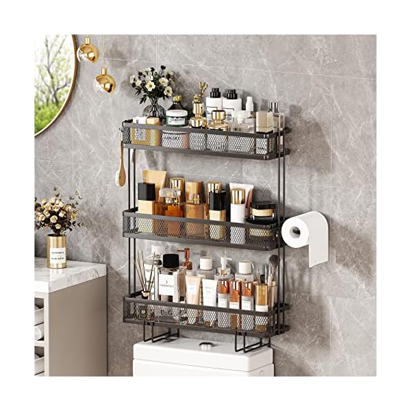 Over Toilet Bathroom Organizer,Over The Toilet Storage Shelf with Toilet Paper Holder,Bathroom Counter Organizer,Makeup Organizer for Vanity,Toilet Tank Basket,3 Tier Bathroom Shelf Over Toilet Black