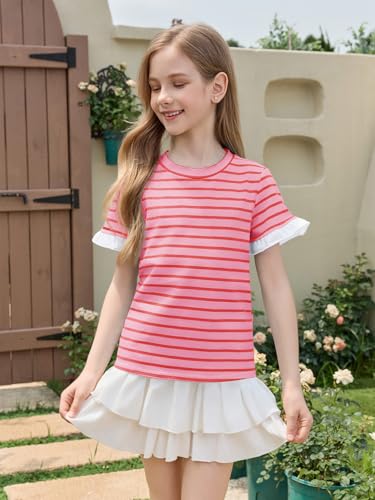 Image of Haloumoning Girls Striped Ruffle Short Sleeve T Shirts Kids Summer Crewneck Tops Casual Tees 5-14 Years