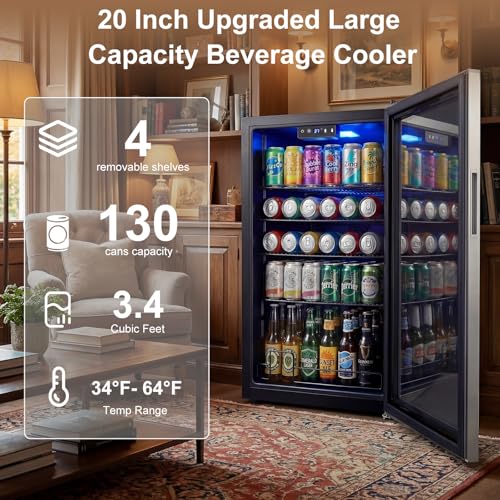 Image of 20 Inch Beverage Refrigerator, Mini Fridge with Glass Door for Soda Beer- 130 Can Small Fridge for Home Office Bar, 3.4 Cu.Ft Drink Cooler with Reversible Door, Digital Temperature Control