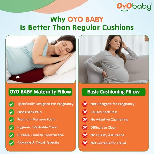 Image of OYO BABY Memory Foam Maternity Pillow Wedge - Maroon | Full Pregnancy Support for Belly, Back, Hips & Legs | Ideal for Side Sleepers & Relaxation