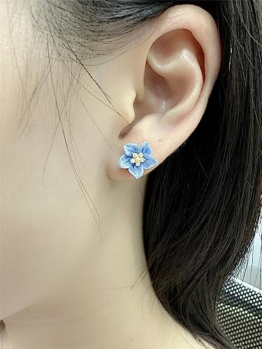 Cute Blue Flower Stud Earrings for Women 925 Sterling Silver Hypoallergenic Piercing Ear Bohemian Resin Plumeria Camellia Cherry Daisy Cartilage Tragus Post Dainty Birthday Holiday Beach Jewelry Gifts2