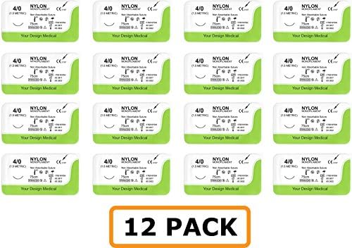 Suture Thread with Needle (Pkg of 12) Nylon 4-0 - For Practicing Suturing Doctors, Medical Students, Veterinarians, and Nurses