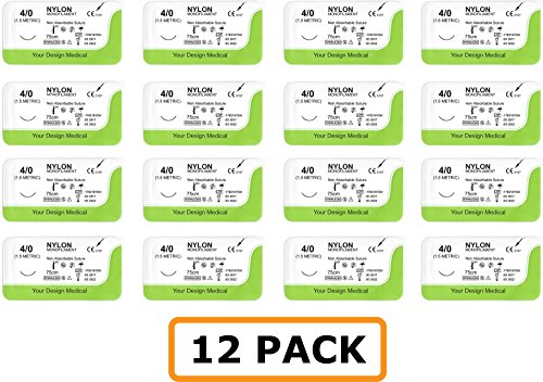 Suture Thread with Needle (Pkg of 12) Nylon 4-0 - For Practicing Suturing Doctors, Medical Students, Veterinarians, and Nurses