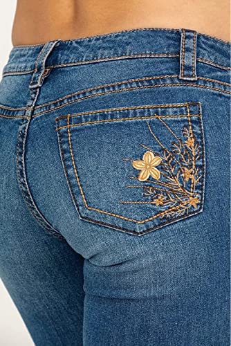 Bootcut Jeans for Women,Stretchy Feather Flower Embroidery Mid Rise Slim Straight Leg Pants Jeans Hazy Blue4