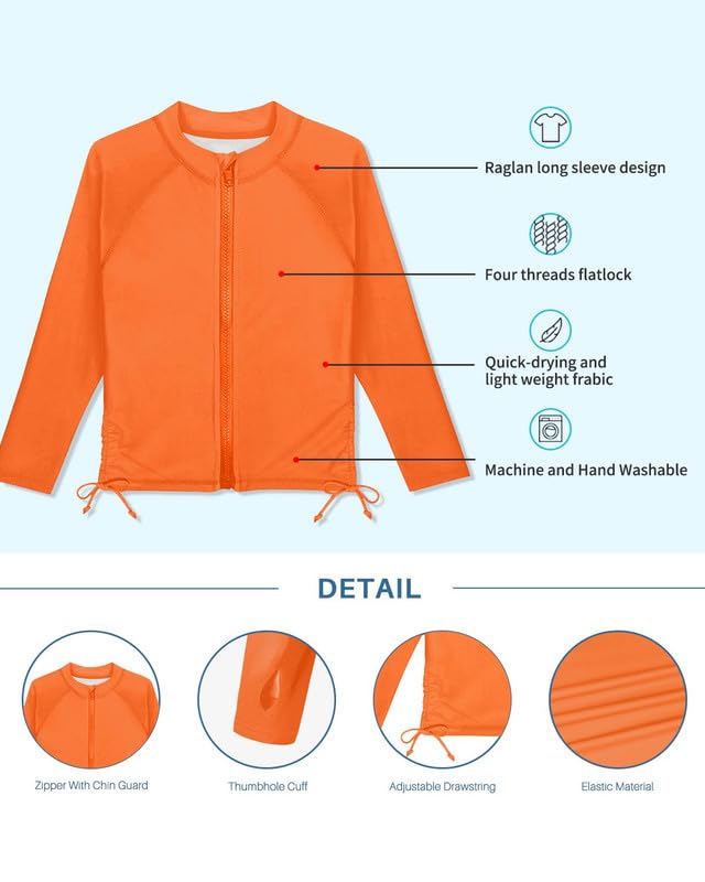 Image of BesserBay Kid Girls Front Zip Rash Guard Top Quick-Dry Adjustable Drawstring Orange Swim Shirt 7-8 Years