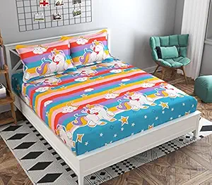 Gleeson 260 TC Polycotton Unicorn Printed King Size Bedsheets for Double Bed with 2 Pillow Covers Cartoon Bed Sheets for Kids-Girls Room (90