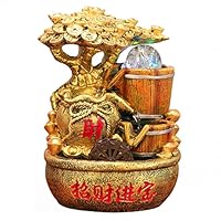 風水噴水装飾、滝型噴水、卓上 インテリア、金のなる木とライト付き、オフィス・玄...