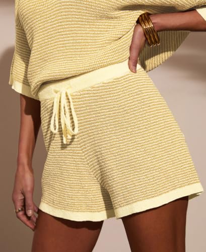 Image of Womens Crochet Short Sets 2 Piece Outfits Half Sleeve V Neck Knit Top High Waisted Shorts Striped Pajamas Set
