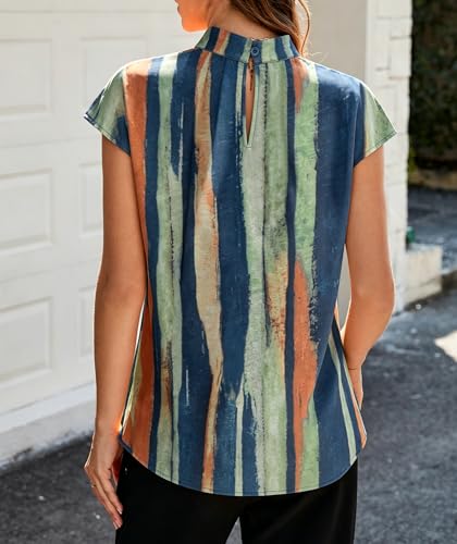 Image of Funlingo Womens Summer Tops Mock Neck Short Cap Sleeve Blouses Business Casual Work Chiffon Shirts Front Pleated Tunic Top