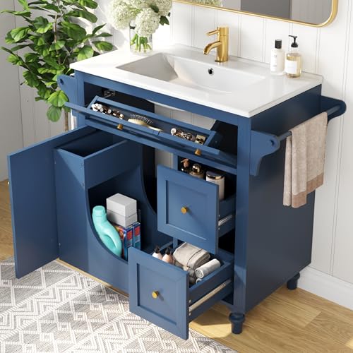 Meuble de Salle de Bain avec Vasque 99.5 cm - Meuble sous Vasque en MDF Bleu avec 2 Tiroirs et Étagère Coulissante, Lavabo en Céramique Blanc, Robuste et...