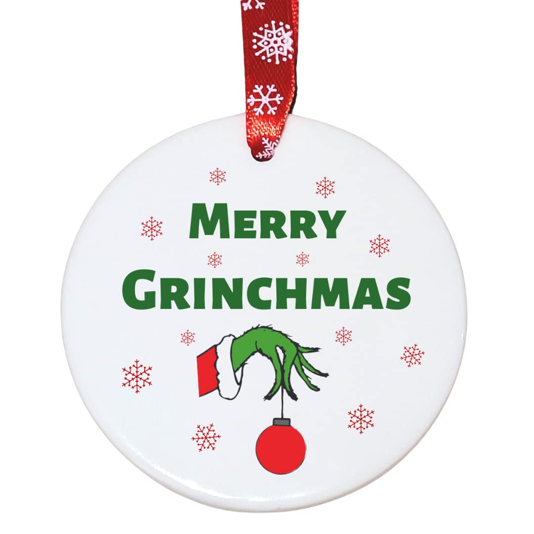 Second Ave Merry Grinchmas White Ceramic Hanging Circle Christmas Xmas Tree Decoration Bauble