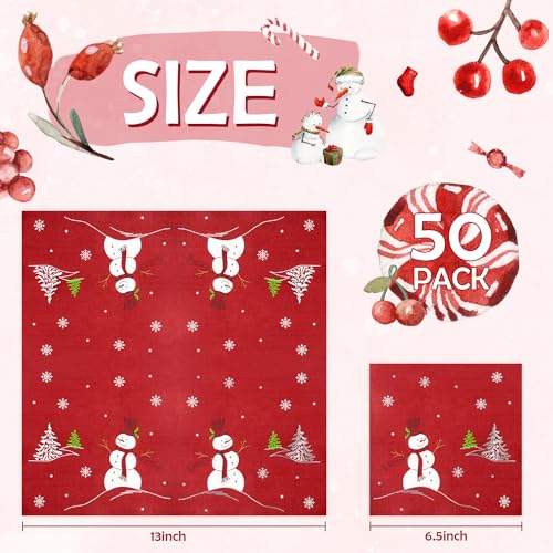 Quera 50 Pack Christmas Paper Napkins Snowman Red Silver Foil Disposable Beverage Napkins Decorative Table Napkin for New Year Winter Dinner Merry Christmas Holiday Xmas Party Supplies, 6.5 "x 6.5" – Image 3