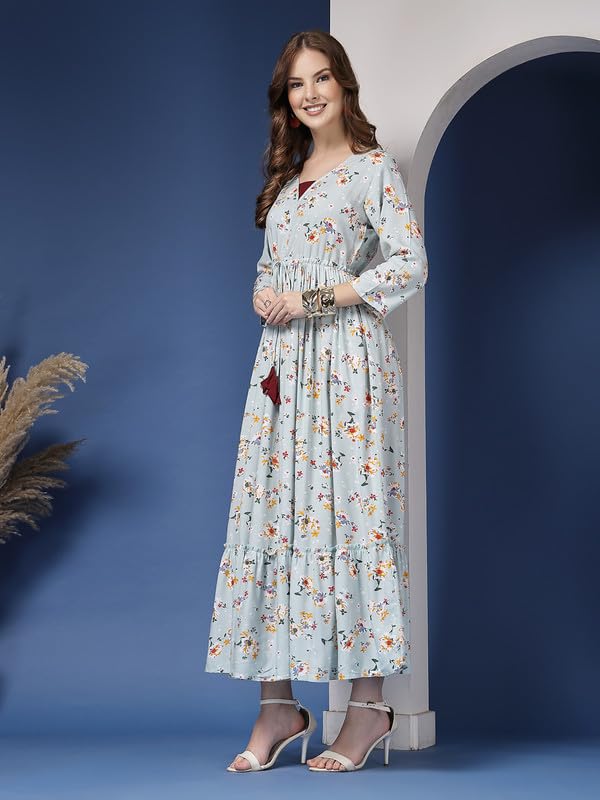 Image of Daevish Women's New Rayon Printed Tie-up Waist V Neck Flared Maxi Dress | Women Flared Dress