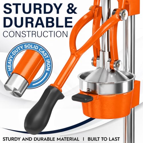 Image of Eurolux Ultra-Premium Cast Iron Juicer | Extra-Large, Heavy Duty, Commercial Grade, Stainless Steel Manual Hand Press Citrus Squeezer For Fresh Orange Juice, Pomegranate, Lemon, and Much More (Orange)