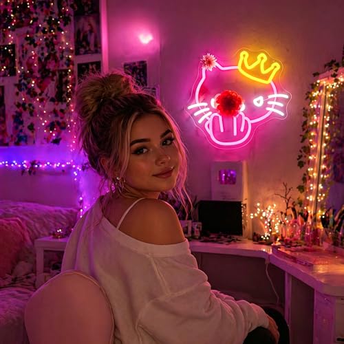 Image of Neon Sign, FPLL Pink Cat Neon Signs for Wall Decor - Cute LED Sign for Bedroom, Party, Birthday, Bar Light up Signs Home Decor - USB Powered