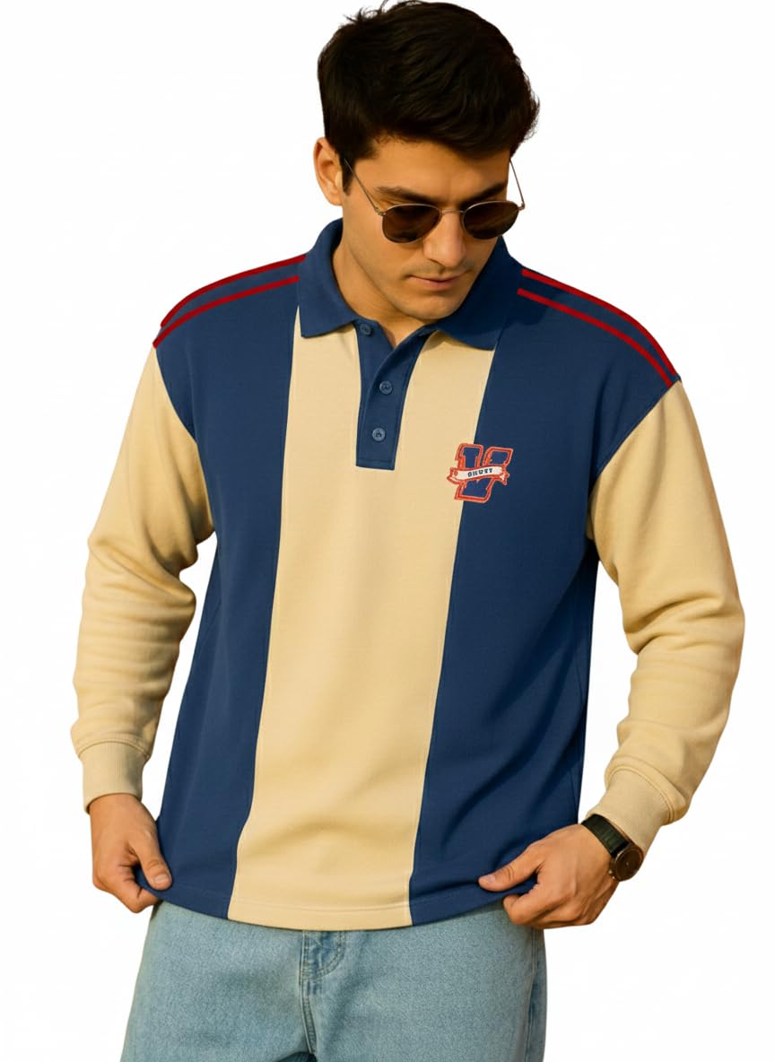 veirdo Men’s Loopknit Cotton Oversized Baggy Fit | Full Sleeve Polo T-Shirt | Casual Streetwear with Ribbed Cuffs Travel | Sizes: S to XXL-picture-19