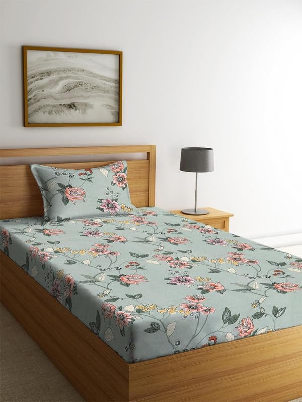 Image of la' amour Cotton Printed 160 tc Flat Single Bedsheets for Summer with Pillow Cover Breathable | Wrinklefree (Size-60 X 90 Inch) Floral, Midnight Heart Navy