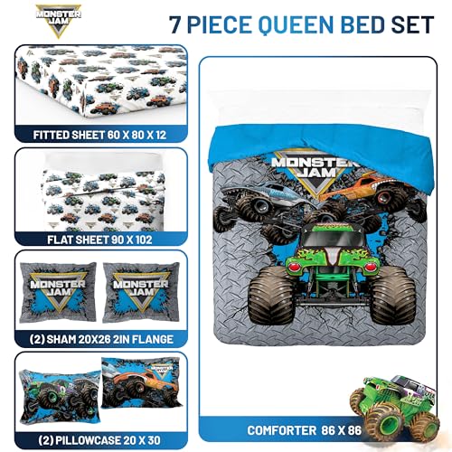 Image of Monster Jam Queen Comforter Set 7 Piece Kids Bedding for Boys, Gray | Grave Digger Megalodon, Bed in a Bag, Comforter Sheets Shams Pillowcases, Soft Microfiber, Machine Washable, Boys Gift