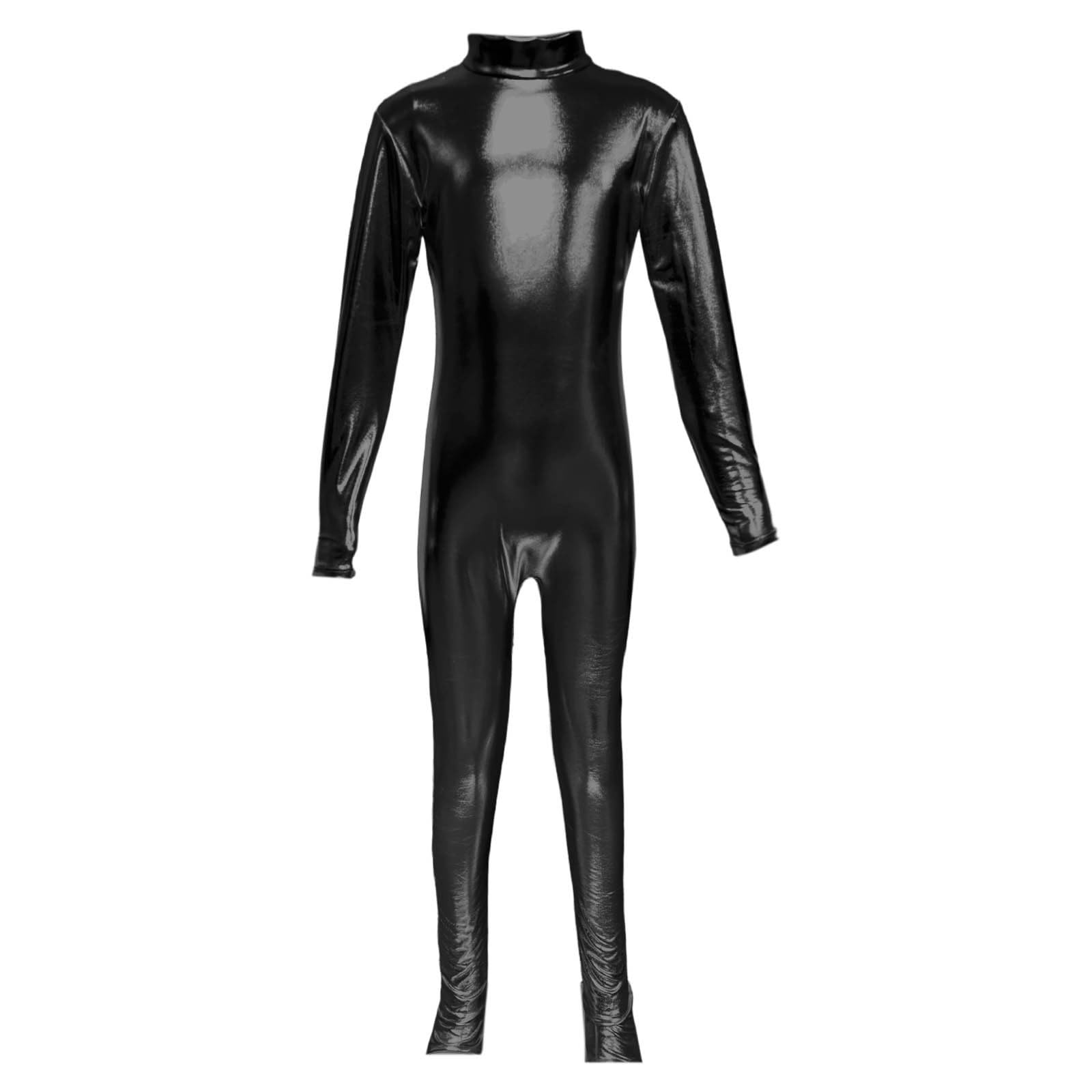 Generisch Mädchen Metallic-Performance-Jumpsuit mit hohem Kragen, Langen Ärmeln, Glitzergold Reißverschluss hinten – ideal für Tanz Bühne (Black, 10-12 Years)