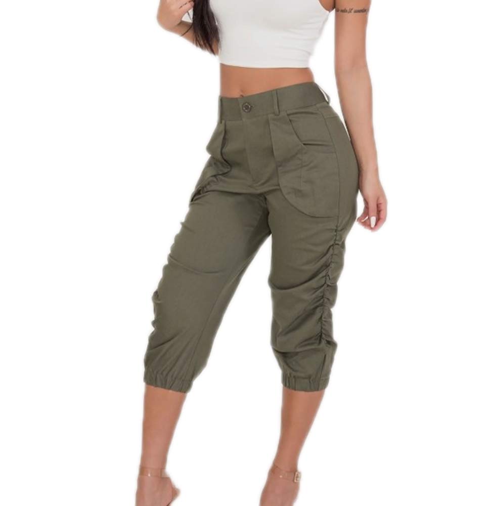 huatengWomen's Capri Trouser Ladies 3/4 Length Harem Pants Cargo Pants with Pockets Green