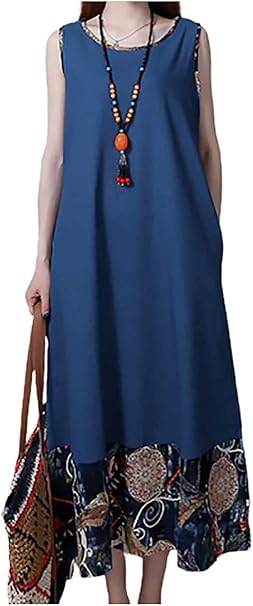 Amazon Co Jp ロング ワンピース ノースリーブワンピ 森ガール エスニック バイカラー ゆったり 綿麻 風 レディース ネイビー M 服 ファッション小物