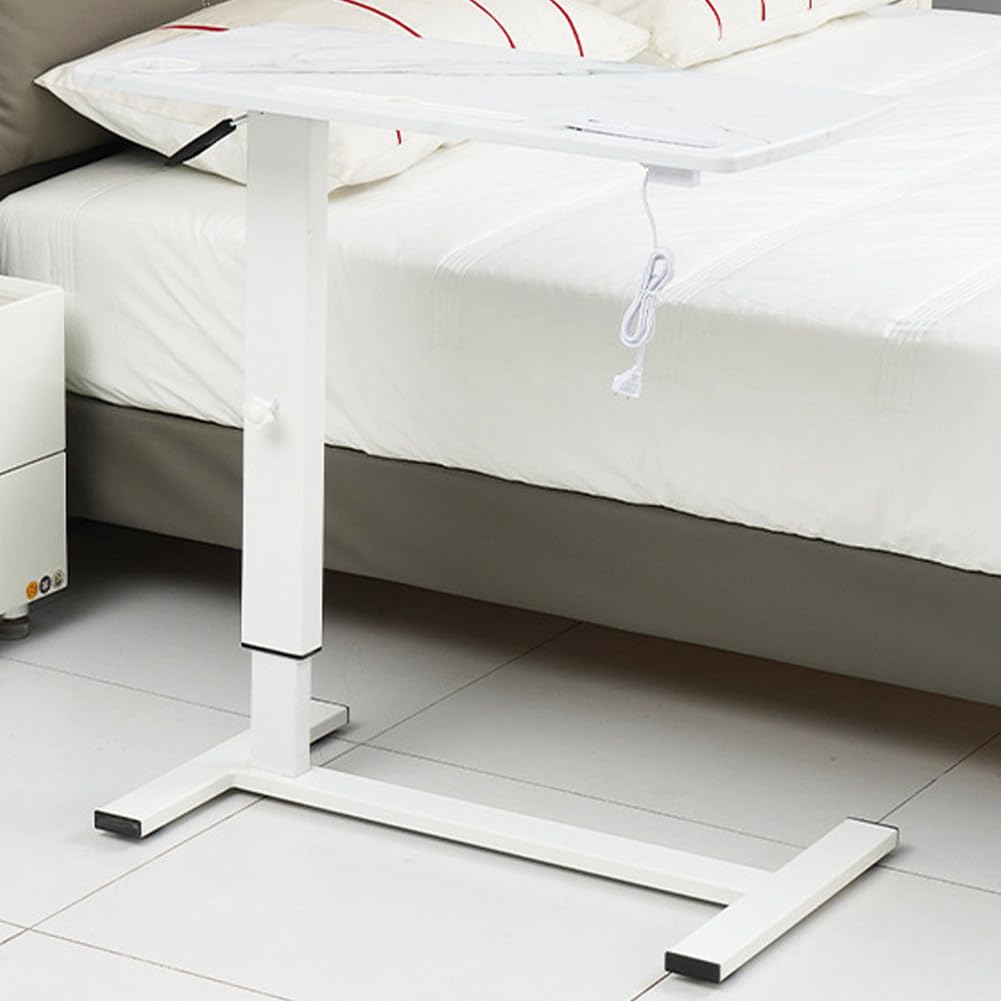 SXZenSpace C Shaped End Tables with 360° Swivel Wheels, Sofa Side Table Adjustable Height And USB,Big Tabletop under Couch for Living Room,white marble