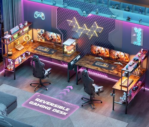 Image of Aheaplus L Shaped Desk Gaming Desk, 59 inch L Shaped Computer Desk with LED Light & Power Outlet, Reversible Home Office Desk Gamer Desk with Shelves & Storage Bag & Hooks, Corner PC Desk, Rustic Brown