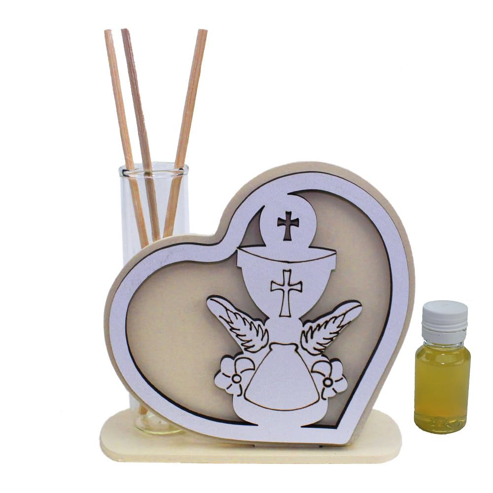 DLM 35121 (Kit 12 Pezzi) Profumatore Cuore in Legno Quadrifoglio Calice Croce Battesimo Comunione Cresima Matrimonio Nozze Diffusore Profumo bomboniera