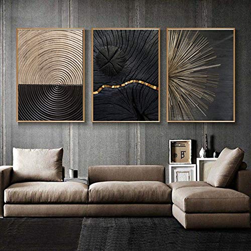 Toile Peinture Moderne De Luxe Abstrait Noir Ligne D'or Affiche Vintage Minimaliste 3 Pcs
