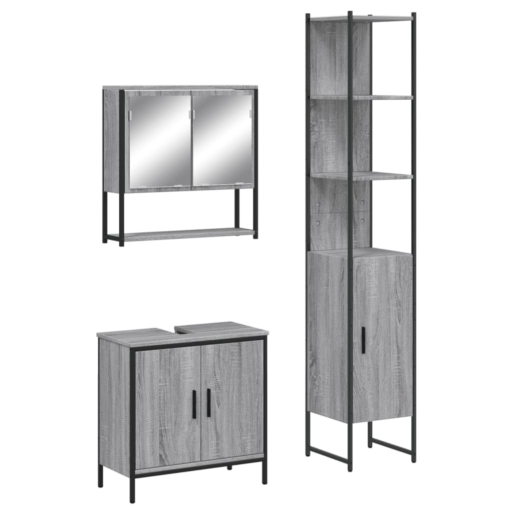 3-TLG. Badmöbel-Set Grau Sonoma Holzwerkstoff mit Spiegelschrank und Waschbeckenunterschrank, viel Stauraum, wandmontierbar, klare Glas-Spiegelfläche für Make-up und Rasur