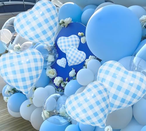 Image of 4pcs 18 inch Blue Heart Checked Balloons Striped Plaid Heart Foil Balloons for Spring Party Decorations Picnic Party Decor Love Theme Birthday Party Wedding Baby Shower Versatile Party Decor