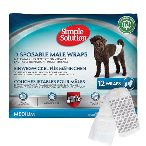 Image of Simple Solution Disposable Dog Diapers, Wraps for Male Dogs, Puppy Diaper, Potty Training, Puppy Essential, Absorbent, Wetness Indicator, For Medium Pets, 15 - 23 Inch Waist (M,12 Count)