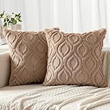 MIULEE Light Brown Throw Pillow Covers 18x18 Inch, Soft Winter Plush Faux Wool Couch Pillow Covers Set of 2 Decorative Farmhouse Boho Throw Pillows for Sofa Living Room Bed