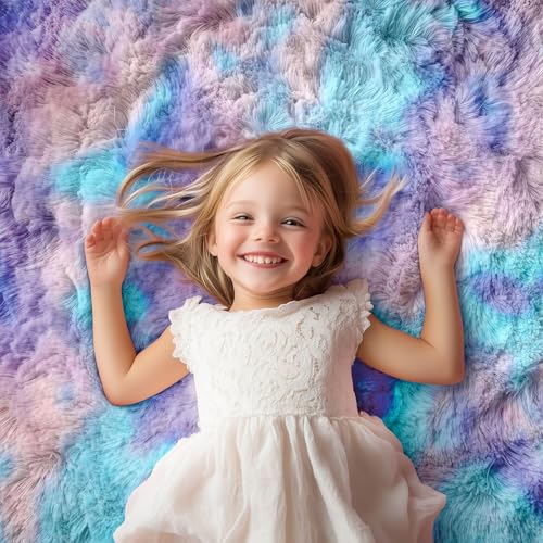 PAGISOFE Round Rugs 5Ft Cute Shaggy Circle Rug for Girls Bedroom, Purple Rainbow Rugs for Kids Room, Teen Girls, Playroom, Nursery, Fluffy Furry Pastel Mermaid Rug, Soft Plush Kawaii Tent Carpet - Image 3