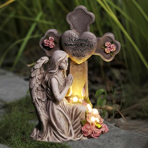 Engel für Grab Wetterfest, Engel Grabschmuck Frostfest, Engel Figur Grablicht Solar Wetterfest, wasserdichte Grabschmuck aus Harz, LED Solar Grabdeko, für Rasen Hof Terrasse Deko (A-Grau)