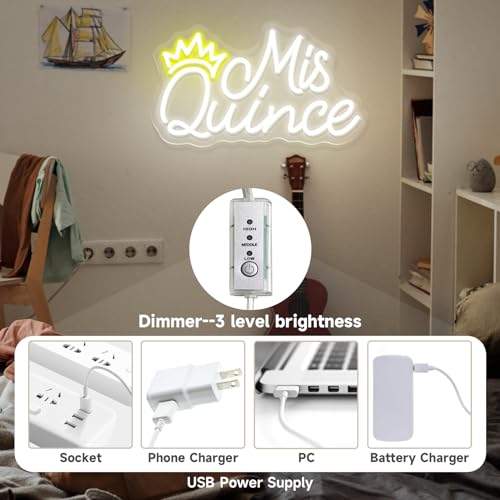 Image of Mis Quince Neon Sign for Wall Decor Bedroom Aesthetic Birthday Party Gift Boyfriend Girlfriend Lover Women Men Room Bathroom Decoration USB Operated Warm White +Yellow Led Signs, 15.7 x 9.1 Inch