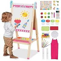 Kids Wooden Easel Double Sided Art Easel with 100+ Pcs Accessories Whiteboard Chalkboard Height Adjustable 95-125cm(37-48.5in) Standing Foldable Drawing Board with Letters Numbers for Toddlers Kids
